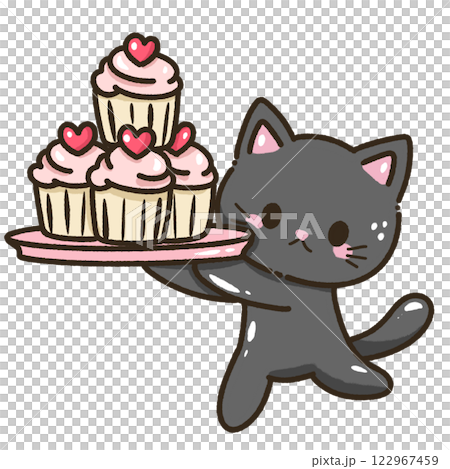 kawaii black cat kitty kitten cupcakes Hand drawn illustration Valentines day style  pastel color isolated on transparent background, perfect for valentines day gifts, nursery decorations 122967459