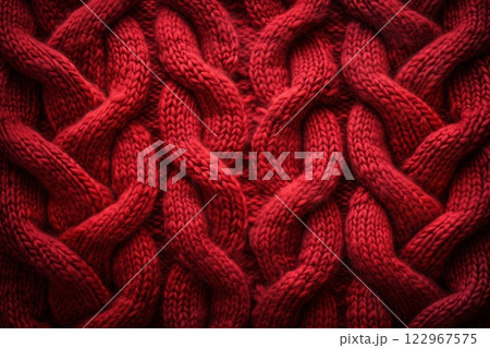 Close up of a magenta woolen sweater with intricate braided pattern 122967575