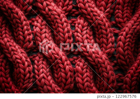 Close up of magenta woolen textile with intricate pattern on a black background 122967576