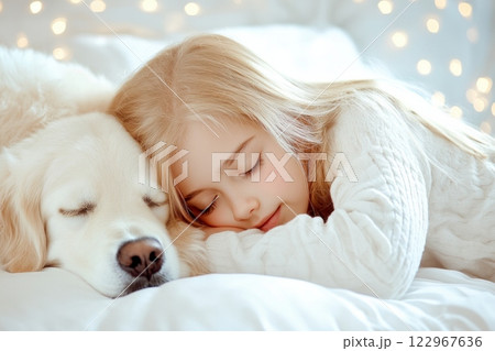 A blonde girl peacefully sleeps beside her golden retriever, creating a tender and serene moment 122967636