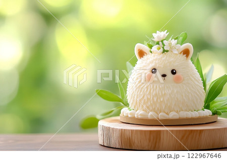A charming animal-themed cake shaped like an adorable fluffy creature with intricate icing details, blushing cheeks 122967646