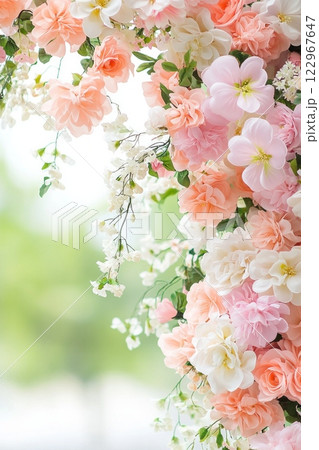 Delicate floral composition with blooming pink, peach, and white flowers against a soft green background 122967647