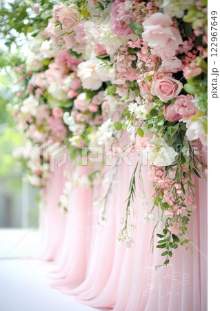 Luxurious floral backdrop featuring pink and white roses with lush greenery, elegantly draped over soft pink fabric 122967649