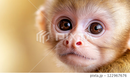 An extreme close-up of a baby Capuchin monkeys face, highlighting its delicate fur, innocent eyes 122967676