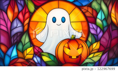A stained glass-style illustration of a cheerful ghost standing next to a carved pumpkin 122967699