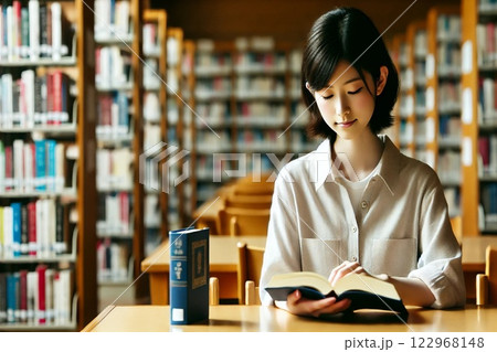 図書館で読書する女性 122968148