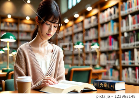 図書館で読書する女性 122968149