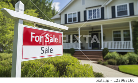 A sign written for sale in front of a house , real estate sales concept image background  A sign written for sale in front of a house , real estate sales concept image background  122968160