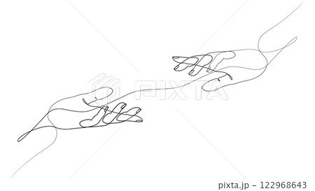 Two hands reaching out towards each other drawn by continuous one line. Single line drawing of romantic or helping concept. Minimalist sketch vector illustration. Two hands reaching out towards each other drawn by continuous one line. Single line drawing of romantic or helping concept. Minimalist sketch vector illustration. 122968643