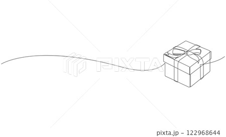 Continuous one line drawing of gift box with ribbon. Surprise for loved ones, a festive element. Single line banner design vector illustration. 122968644