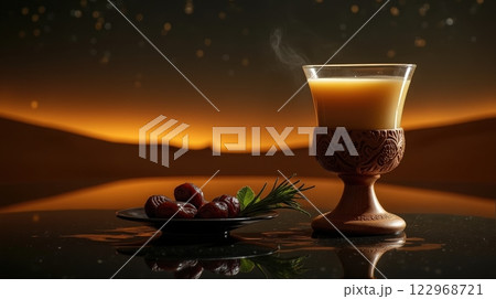 Wooden goblet of zrig with dates stands against Sahara Desert backdrop 122968721