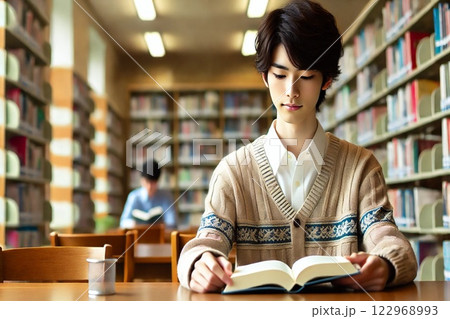 図書館で読書する男性 122968993