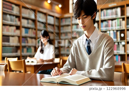 図書館で読書する男性 122968996