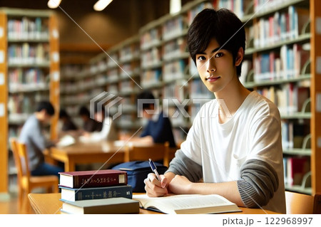 図書館で勉強する男性 122968997