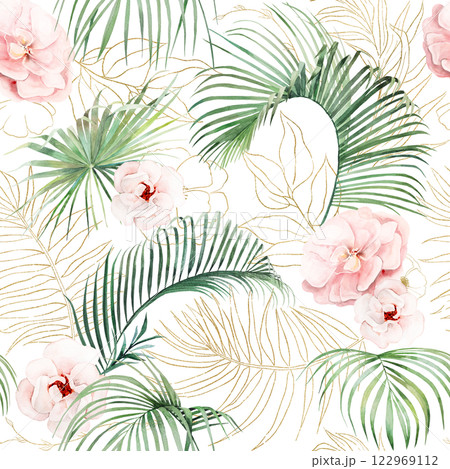 Seamless pattern with green watercolor tropical leaves and pink flowers, wedding isolated illustration Seamless pattern with green watercolor tropical leaves and pink flowers, wedding isolated illustration 122969112
