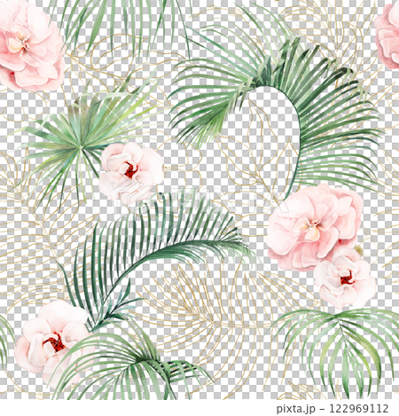 Seamless pattern with green watercolor tropical leaves and pink flowers, wedding isolated illustration Seamless pattern with green watercolor tropical leaves and pink flowers, wedding isolated illustration 122969112