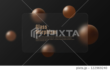 Glass morphism website landing page template. Graphite background with glass partition and mocha colored floating spheres. Glass morphism website landing page template. Graphite background with glass partition and mocha colored floating spheres. 122969240