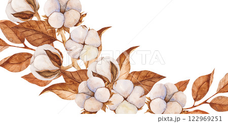 Hand drawn watercolor cotton branch with flowers and dry leaves. Composition for invitations, packaging, textiles, prints, decor in vintage botanical style. warm autumn color palette Hand drawn watercolor cotton branch with flowers and dry leaves. Composition for invitations, packaging, textiles, prints, decor in vintage botanical style. warm autumn color palette 122969251