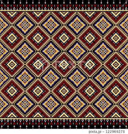 African ethnic pattern combines the traditional Ikat style with bold geomatic designs. Featuring vibrant red tones contrasted against ethnic a black background, it creates a visually captivating et African ethnic pattern combines the traditional Ikat style with bold geomatic designs. Featuring vibrant red tones contrasted against ethnic a black background, it creates a visually captivating et 122969278