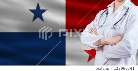 Doctor with crossed arms on Panama flag. Panama Health and Care concept. Female doctor on Panama flag 122969341