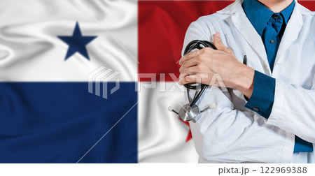 Doctor with stethoscope on Panama flag. Doctor holding stethoscope on Panama flag 122969388