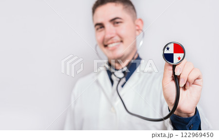 Happy doctor showing stethoscope with Panama flag. Panama National Healthcare concept 122969450