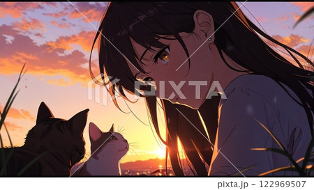 夕日を眺めている女性 夕日を眺めている女性 122969507