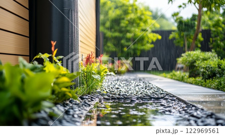 Rainwater Harvesting System in Home Garden 122969561