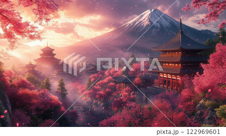 幻想的な京都の春、富士山と桜吹雪の調和 幻想的な京都の春、富士山と桜吹雪の調和 122969601