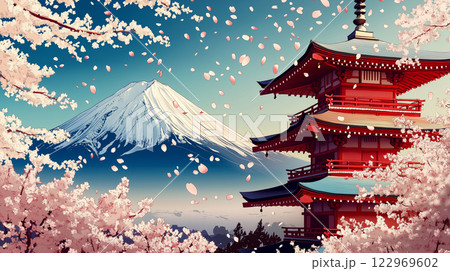 幻想的な春の富士山と五重塔 幻想的な春の富士山と五重塔 122969602