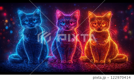 鮮やかな色合いで浮かび上がる、躍動的なネオンキャットの世界 鮮やかな色合いで浮かび上がる、躍動的なネオンキャットの世界 122970414