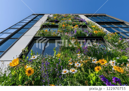 A Beautiful Floral Facade Glows Brightly on a Contemporary Building Under a Clear Blue Sky 122970755