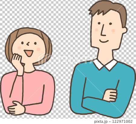 笑顔で見上げる若い夫婦 122971002