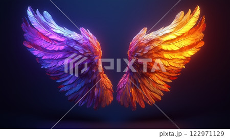 シネマティックに輝く紫と赤の大きな天使の翼 シネマティックに輝く紫と赤の大きな天使の翼 122971129