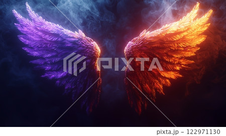 暗闇に浮かぶ対照的な紫と赤の翼 暗闇に浮かぶ対照的な紫と赤の翼 122971130