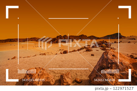 Red planet landscape through viewfinder. Cosmic scene background. 122971527
