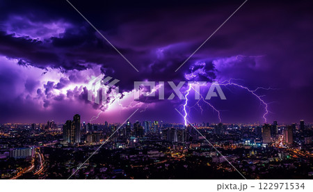 Lightning Storm Over Bangkok With Purple Sky and City Lights 122971534
