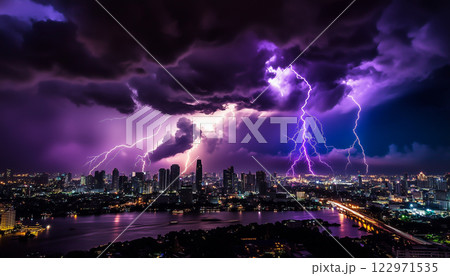 Dramatic Thunderstorm Over Bangkok With Purple Lightning 122971535