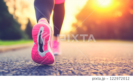 Woman Running in Park at Sunrise With Pink and Black Sportswear Woman Running in Park at Sunrise With Pink and Black Sportswear 122972012