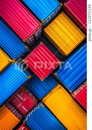 A bunch of colorful shipping containers stacked on top of each other 122972149