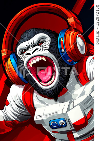 A gorilla wearing headphones and a space suit 122972150