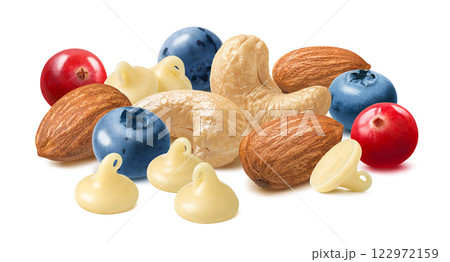 Almond and cashew nuts, blueberry and cranberry berries, yoghurt  or white chocolate drops isolated  122972159