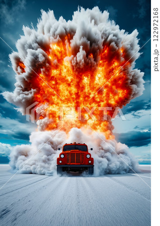 A red truck driving through a large explosion of fire 122972168