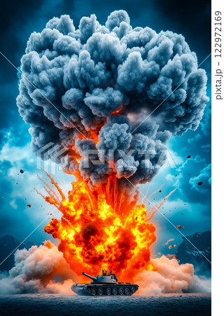 A tank in the middle of a large explosion in the sky 122972169