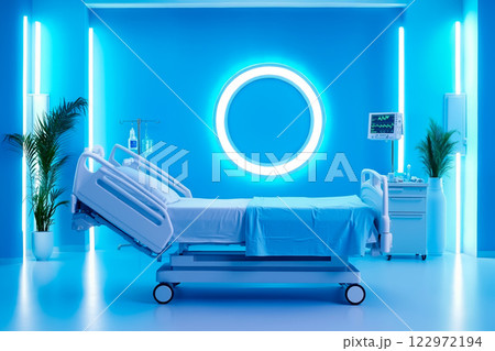 A hospital room with a bed and a blue light A hospital room with a bed and a blue light 122972194