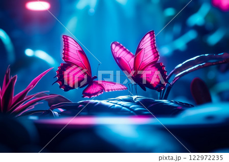A couple of pink butterflies sitting on top of a plant 122972235
