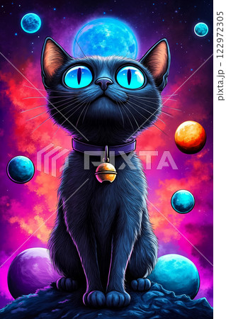 A black cat with blue eyes sitting on top of a rock 122972305