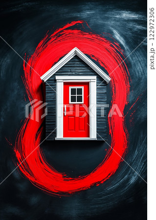 A small house with a red door in the middle of a blackboard 122972306