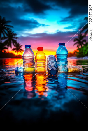 A group of plastic bottles sitting on top of a body of water 122972307