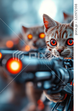 A cat with red eyes holding a gun in its mouth 122972308